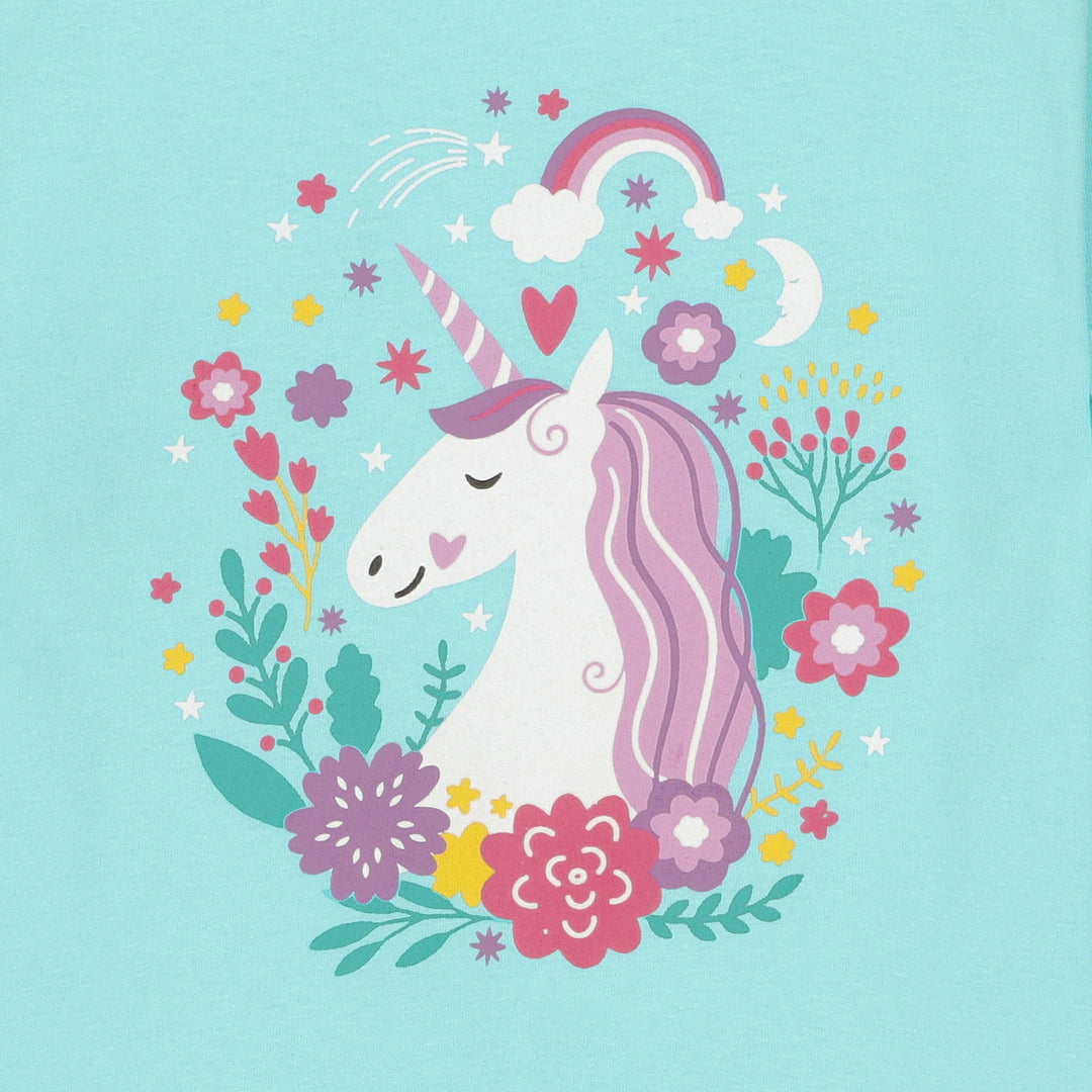 Close-up of unicorn graphic on blue jersey T-shirt