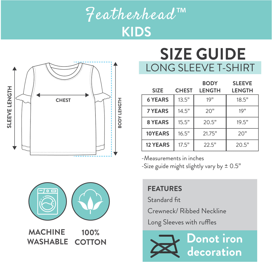 Size chart for girls' T-shirts including measurements and care icons