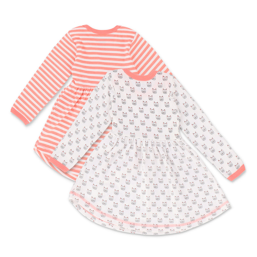 FG-6004 Pink Stripe & White Cats 2-PK Full Sleeves Dress - Featherhead Baby