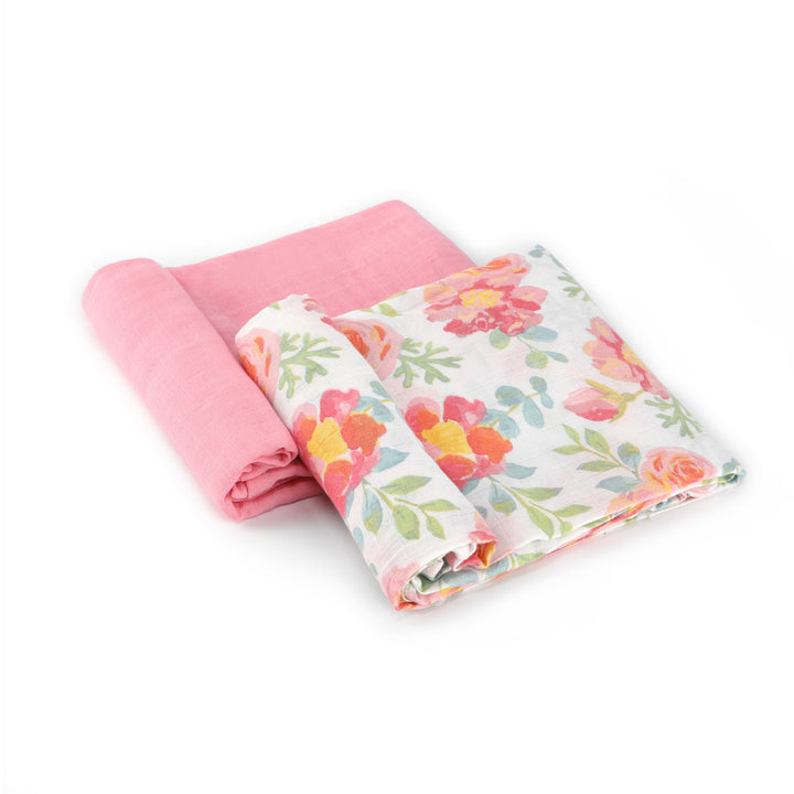 FH-07054 - 2PK Muslin Swaddle Blanket 47" x 47" - Floral & Rosette
