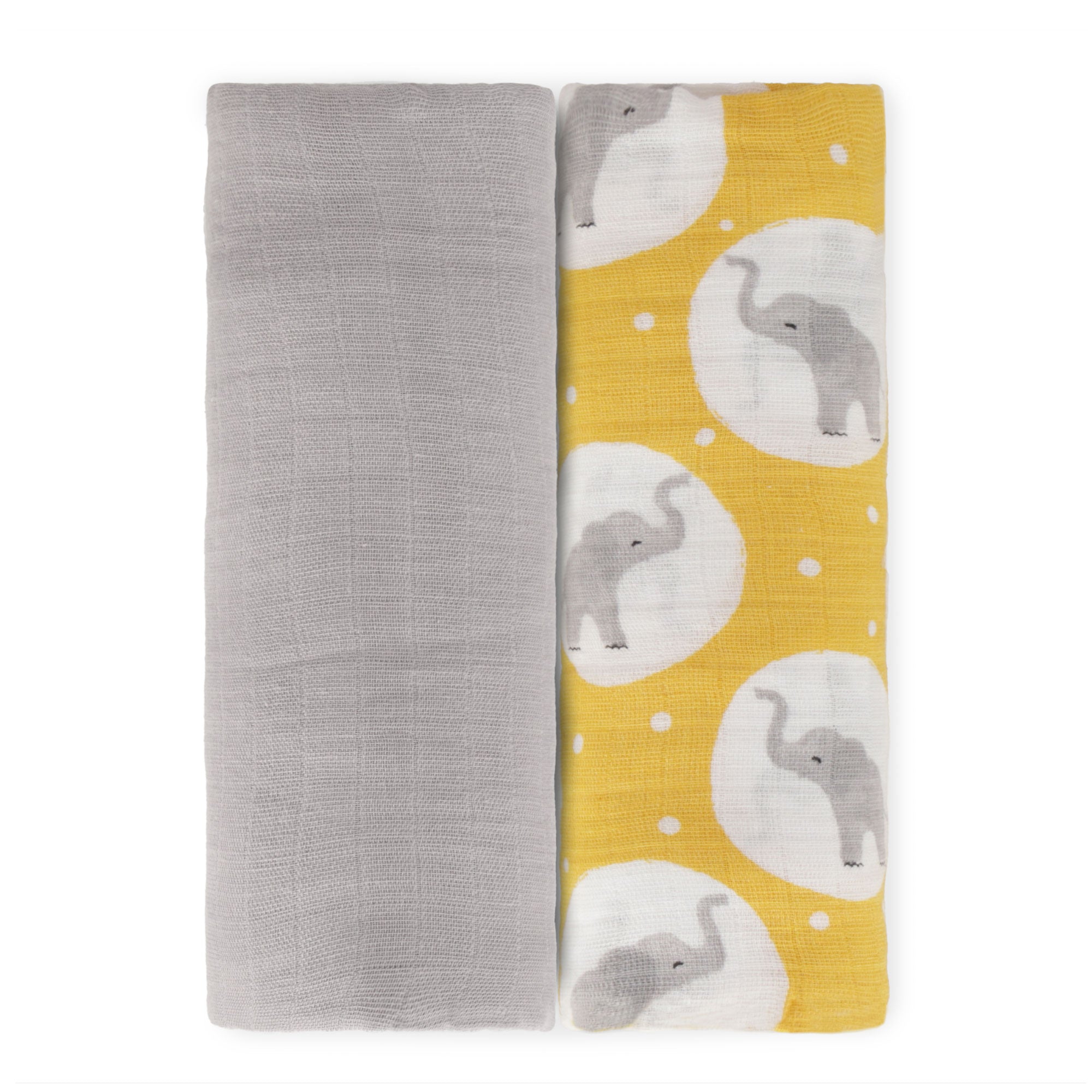 FH-07055 - 2PK Muslin Swaddle Blanket 47" x 47" - Elephant & Quiet Grey