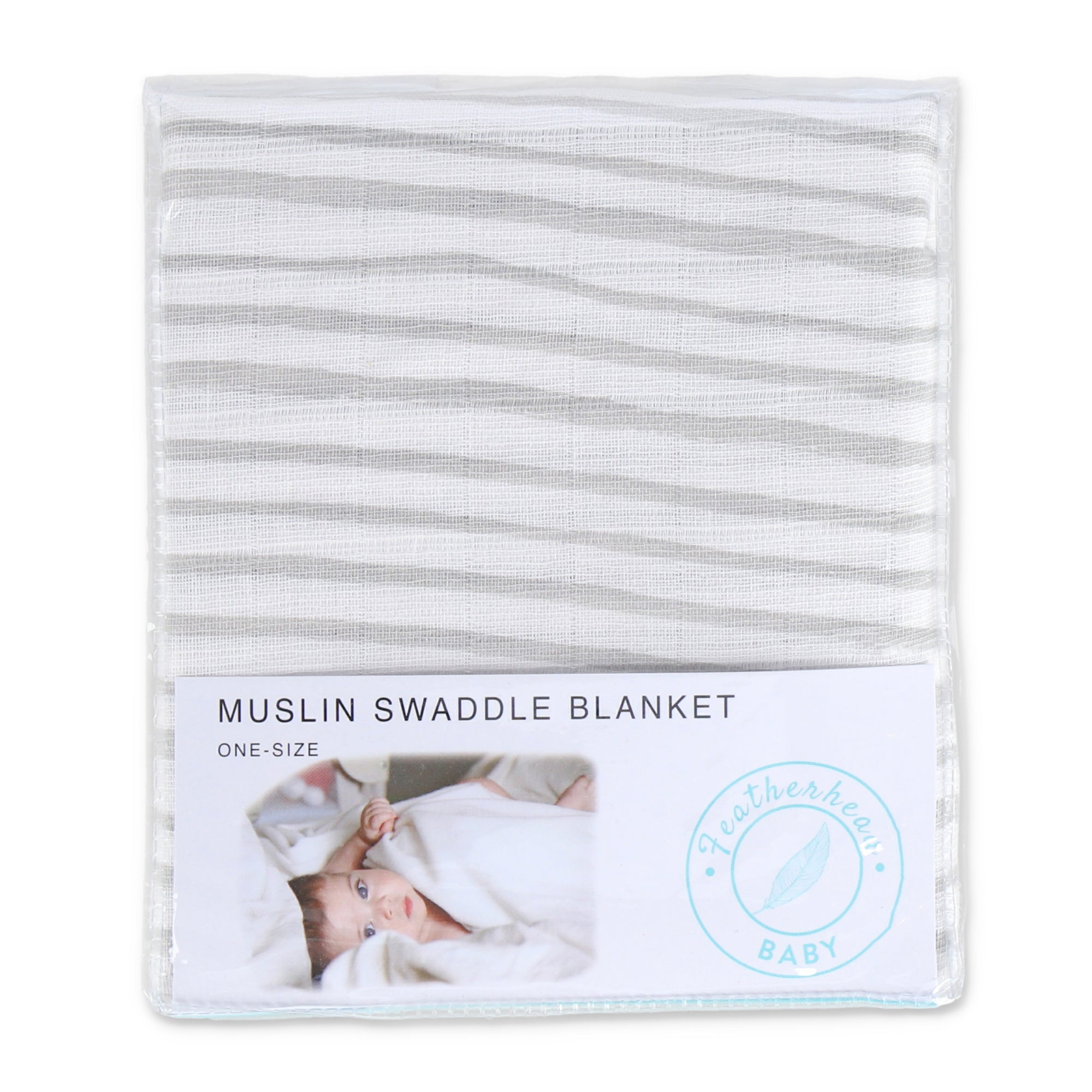 Muslin Swaddle Blanket 44" x 44" - Grey Stripe - Featherhead Baby