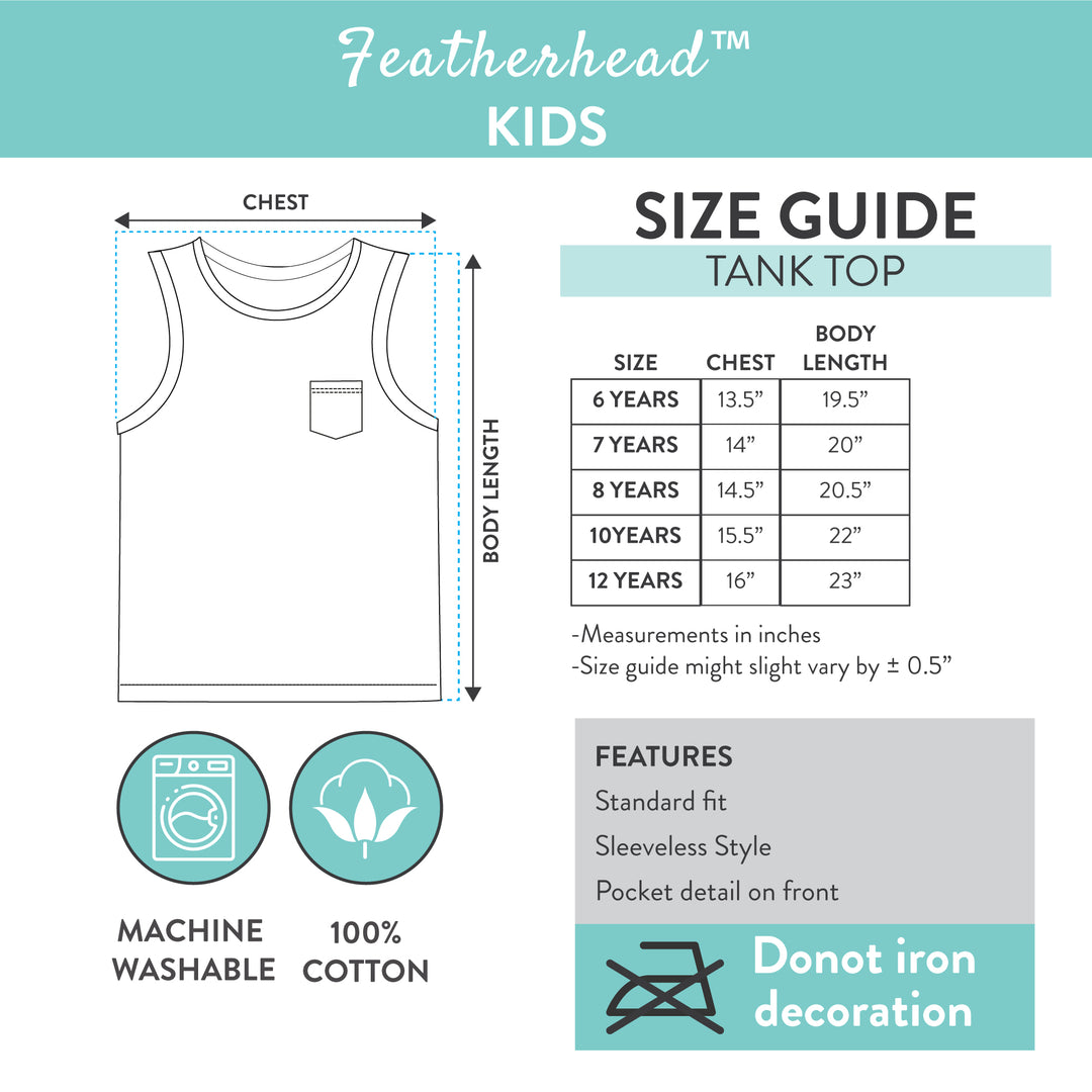 Size chart for Featherhead kids tank tops