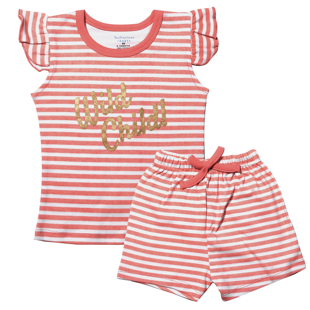 FG-3001 Pink Stripe 2-Piece Flutter Sleeves Top & Bloomer Shorts - Featherhead Baby